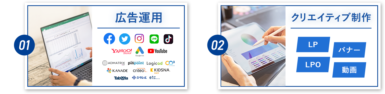 01広告運用。02クリエイティブ制作、LP、LPO、バナー、動画。