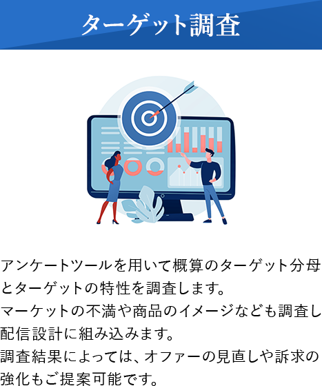 ターゲット調査：アンケートツールを用いて概算のターゲット分母とターゲットの特性を調査します。マーケットの不満や商品のイメージなども調査し配信設計に組み込みます。調査結果によっては、オファーの見直しや訴求の強化もご提案可能です。